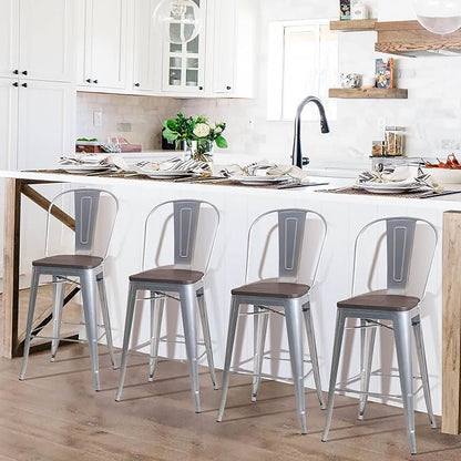 Aklaus Swivel Metal Bar Stools Set of 4 Counter Bar Stools with Back Counter Height Stools Swivel Metal Bar Chairs Wooded Seat 30 Inch Silver