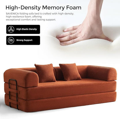 79" Convertible Sofa Bed with Fixed-Shape Frame & Removable Armrests, Modular Corduroy Sleeper Sofa, Folding Mattress Couch for Small Spaces - No Assembly Needed in Orange (Includes 2 Pillows)