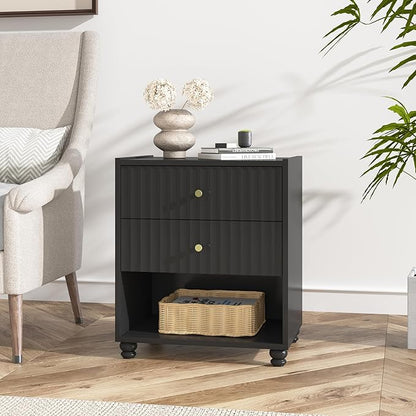 Modern Nightstand Set of 2, Fluted End Table with Open Shelf, Night Stand with 2 Drawers for Bedroom (2,Black)