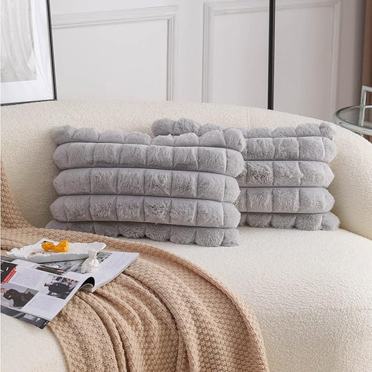 Neelvin Grey Faux Fur Cozy Soft Plaid Decorative Throw Pillow Covers 12x20 inch Set of 2,Velvet Pillowcase Cushion Case for Sofa Couch