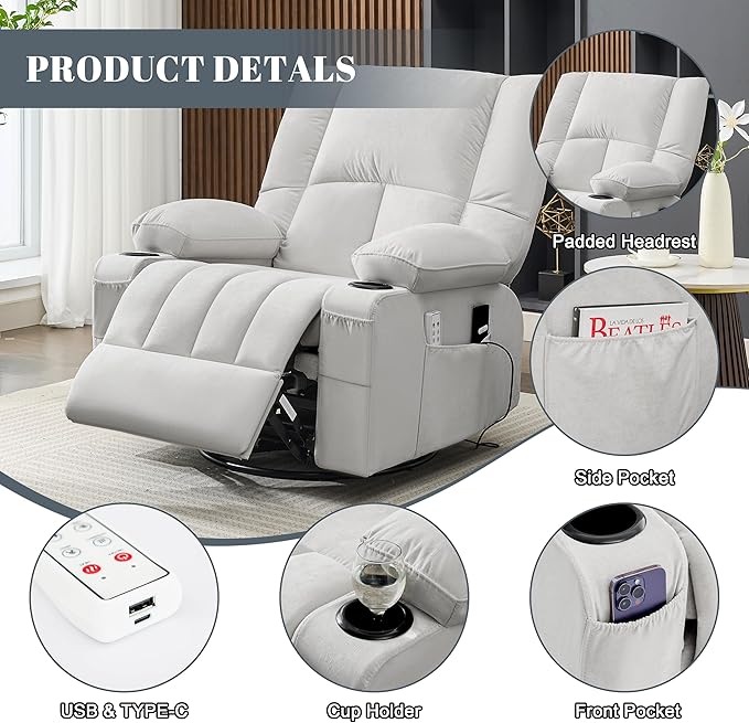 Swivel Rocker Chair with Heat and Massage, 270° Power Recliner Chairs for Adults, USB and Type-C Ports, Oversized Recliner Single Sofa, Electric Glider Chair(LightGrey)