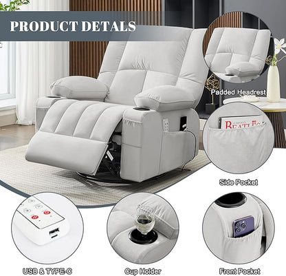 Swivel Rocker Chair with Heat and Massage, 270° Power Recliner Chairs for Adults, USB and Type-C Ports, Oversized Recliner Single Sofa, Electric Glider Chair(LightGrey)