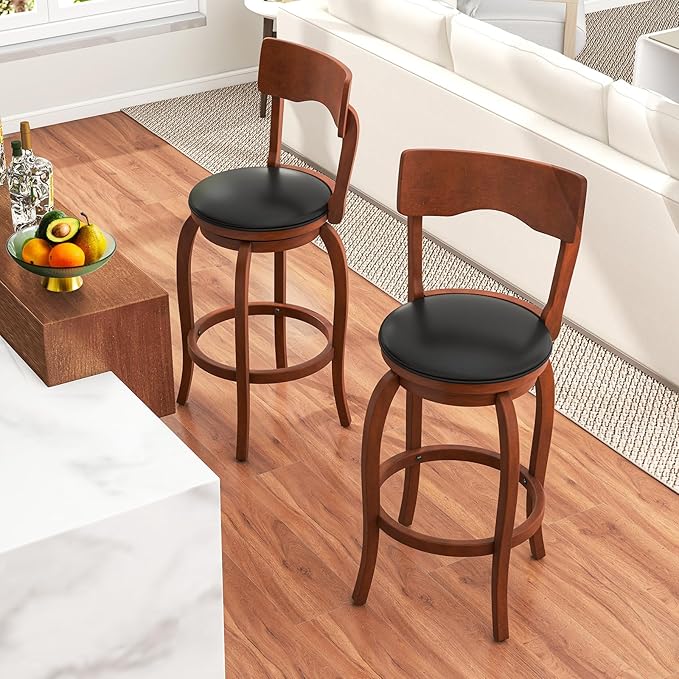 COSTWAY Bar Stools Set of 2, 29 Inch Swivel Bar Height Chairs with Rubber Wood Frame, Upholstered Seat, High Back Barstools for Kitchen Island, Home Bar, Pub, Brown (2, Seat Height: 29”)