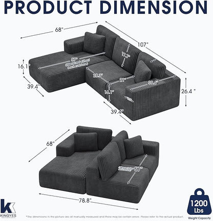 KINGYES 107'' Modular Sectional Sofa, L Shaped Cloud Couch for Living Room, Modern Plush Corduroy Boneless Sofa with Chaise for Bedroom, Gray