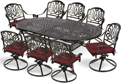 MEETWARM 9-Piece Outdoor Patio Dining Set, All-Weather Cast Aluminum Patio Conversation Set for Backyard Garden Deck with 8 Cushioned Swivel Rocker Chairs, 1 Oval Table, 2" Umbrella Hole, Chili Red