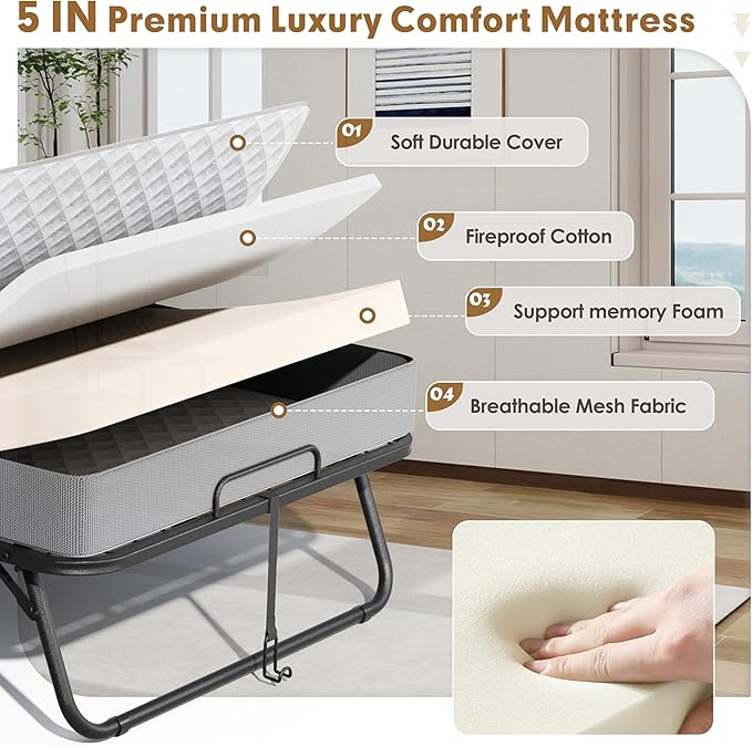 Superday Folding Bed with Mattress, 75" x 31" Folded Bed, Roll Away Beds with Mattresses for Adults, Portable Roll Away Guest Beds for Easy Storage, Space-Saving Sturdy Metal Frame