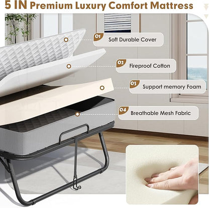 Superday Folding Bed with Mattress, 75" x 38" Folded Bed, Roll Away Beds with 5" Memory Foam Mattresses for Adults, Foldable Twin Beds for Guest Room, Small Apartment, Space-Saving Sturdy Metal Frame