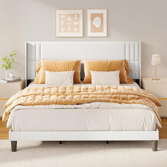 Gizoon King Bed Frame with Wingback Headboard, Upholstered Platform Bed with Modern Geometric Headboard, Wooden Slats, Noise-Free, No Box Spring Needed