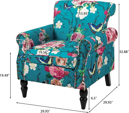 Accent Chair, Upholstered High Back Floral Armchair with Nailhead Trim & Wood Legs, Comfy Wingback Reading Single Sofa Chair for Small Spaces, Living Room, Bedroom (Blue Floral, Set of 1)
