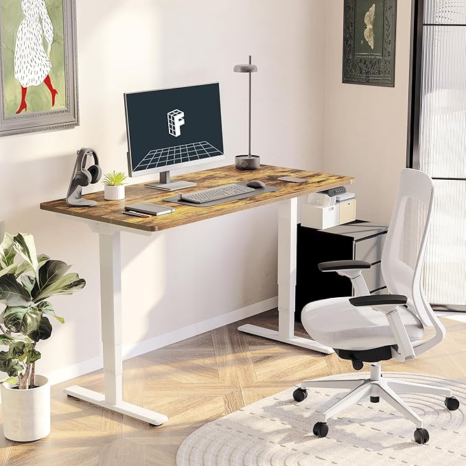 FLEXISPOT E6 3 Stages Dual Motor Electric Standing Desk 55x28 Inch Whole-Piece Board Height Adjustable Electric Sit Stand Desk(White Frame + Special Walnut Desktop, 2 Packages)