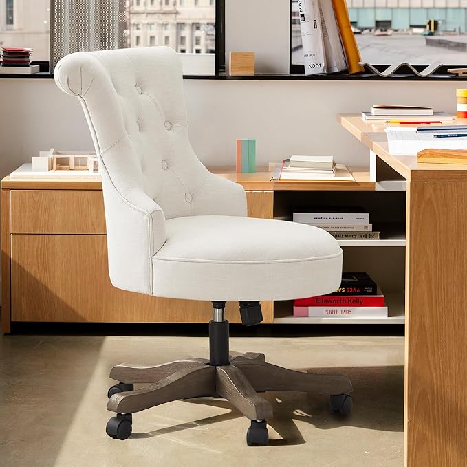 HUIMO Home Office Chair Upholstered Armless Desk Chairs with Wheels Adjustable Height Computer Desk Chair with Wooden Legs Linen Comfortable Swivel for Home Office Study Studio (Beige)