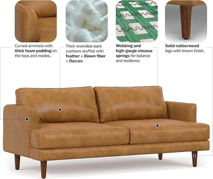 SIMPLIHOME Livingston 76-inch Wide Sofa in Sienna Top Grain Genuine Leather, Handcrafted Mid-Century Modern Loveseat for Living Room, Compact 2-Seater with Feather-Wrapped Cushions