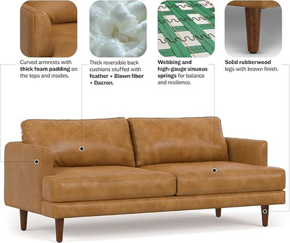 SIMPLIHOME Livingston 76-inch Wide Sofa in Sienna Top Grain Genuine Leather, Handcrafted Mid-Century Modern Loveseat for Living Room, Compact 2-Seater with Feather-Wrapped Cushions