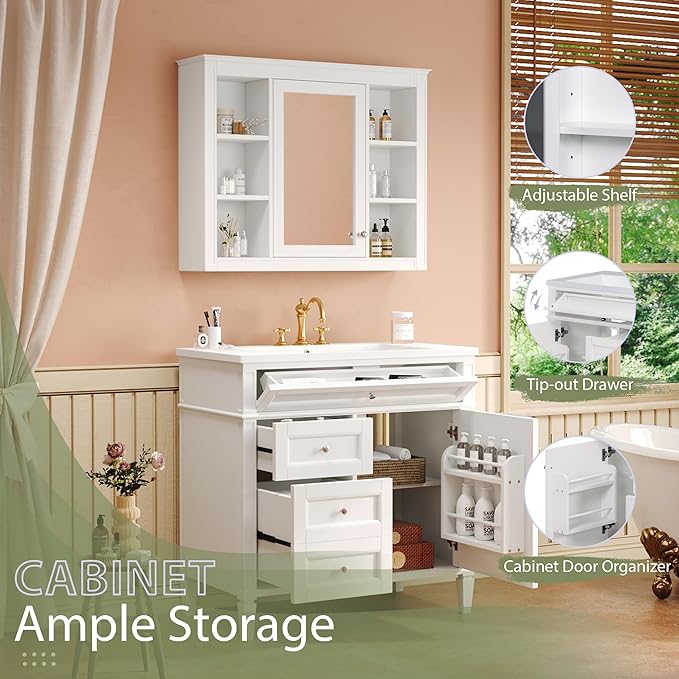36" Bathroom Vanity with Matching Medicine Cabinet, Modern Sink Storage Cabinet with Drawers, Soft Closing Doors and Shelf, Bathroom Vanities with Sink & Mirror