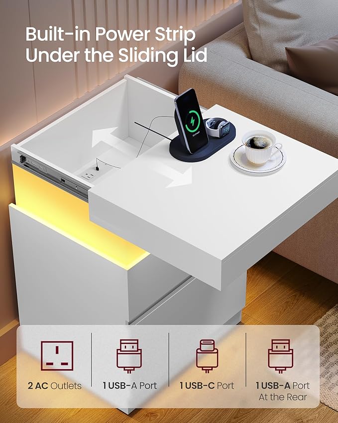 VASAGLE Kailyn Collection - Nightstands with Power Outlets, Sliding Lid, Modern Bedside Tables with LED Lights, End Tables, 2 Drawers, Set of 2, 15.7 x 18.9 x 26.8 Inches, Cloud White ULET650WB01S-2J