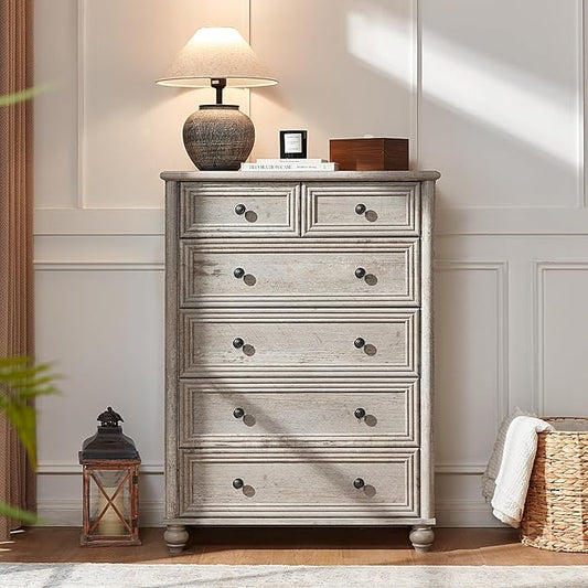 Farmhouse Dressers and Night Stand Set of 3, Wood 43.5'' Tall Dresser and 18'' Wide Chest of Drawers, Roman Column Nightstand Set of 2, Bedroom Furniture Dresser Suites for Living Room, Hallway, Home