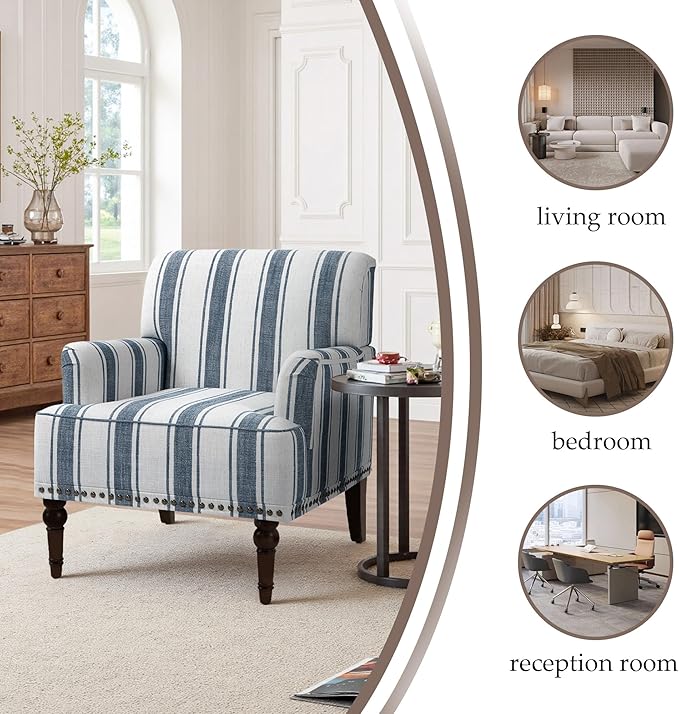 Pia Ricco Stripe Accent Chairs 2 Pack - Modern Nailhead Trim Armchairs with Wood Legs, Comfy Living Room Bedroom Home Office Seating-Blue