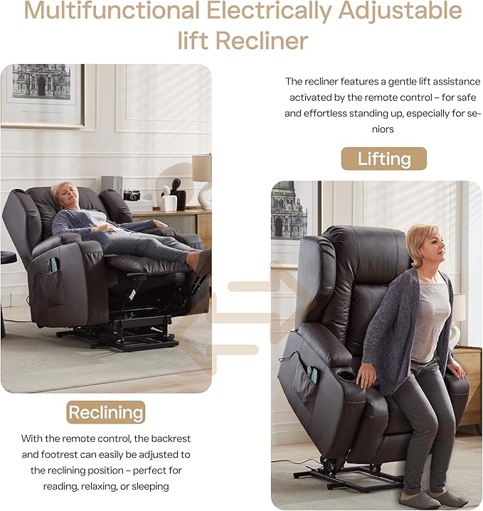 Power Lift Recliner Chair for Elderly, Electric PU Leather Reclining Single Sofa with Massage & Heat, Side Pocket, Cup Holders and USB/Type-C Charge Port for Living Room (Brown)