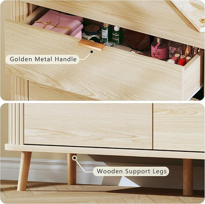6 Drawers Dresser, Mid Century Modern Dresser for Bedroom, Curved Profile & Fluted Design, Wide Wood Chests of Drawers Storage for Entryway, Hallway, Oak