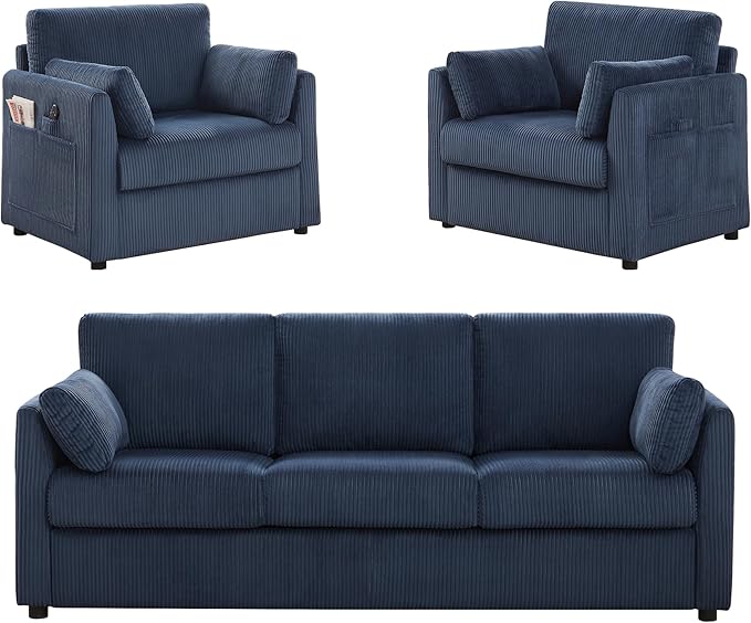 Living Room Sofa Set, Corduroy 3-Seat Couch with Set of 2 Accent Side Chairs, Soft Pillows and Side Pockets, Modern Living Room Furniture Sets for Apartment, Small Spaces, Navy Blue