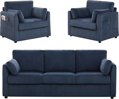 Living Room Sofa Set, Corduroy 3-Seat Couch with Set of 2 Accent Side Chairs, Soft Pillows and Side Pockets, Modern Living Room Furniture Sets for Apartment, Small Spaces, Navy Blue