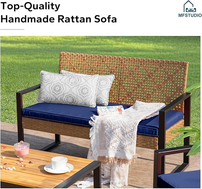 MFSTUDIO 4 Piece Wicker Patio Furniture Set, Small Patio Sofa with Loveseat & Chaise & Acacia Wood Table, Outdoor Rattan Sectional Furniture Set for Porch, Backyard, Blue