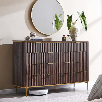 T4TREAM Fluted 9 Drawers Dresser, Modern Wooden Top Chest of Drawers with Curved Profile Design, Dresser TV Stand Drawer Organizers for Bedroom, Living Room, Hallway(Dark Walnut)