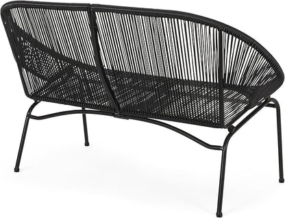 Christopher Knight Home Dessa 3 Piece Patio Furniture Set, Patio Wicker Accent Chair Set of 2 and Loveseat, Metal Frame 4 Seater Outdoor Papasan Lounge Chair Set, PE Rattan Outdoor Bistro Set, Black