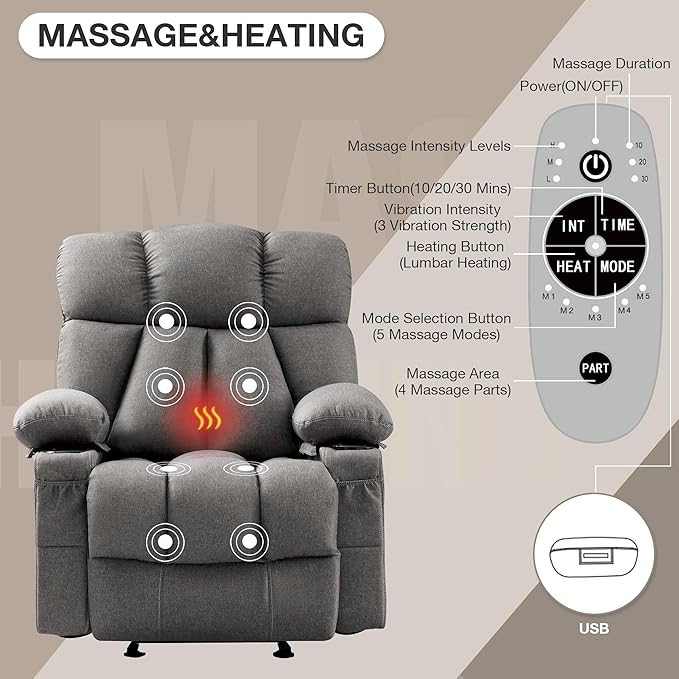 Oversized Power Lift Recliner Chair for Elderly, Big and Tall Lift Chair with Massage and Heat for Living Room, Fabric Electric Recliner Chairs with 4 Side Pockets, USB Charge Port,Grey