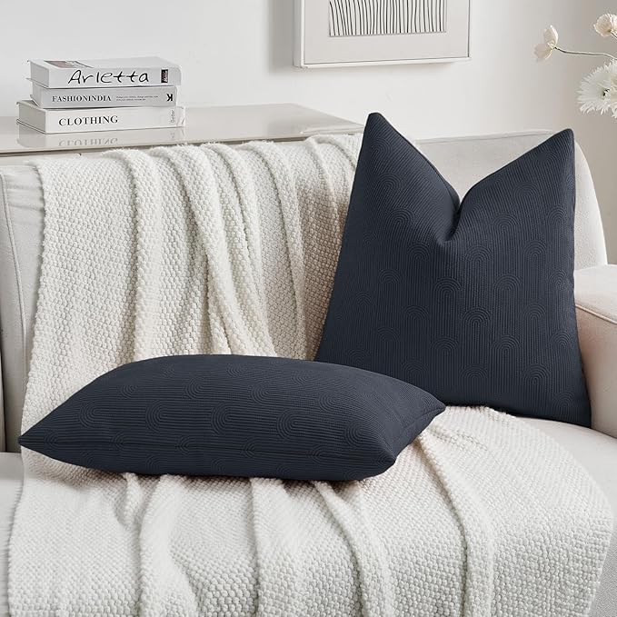 FUTEI Navy Blue Chenille Decorative Throw Pillow Covers 26x26 Inch Set of 2,Soft Cozy Striped Geometric Patterns Euro Pillow Shams,Modern Home Decor for Couch Bed Living Room