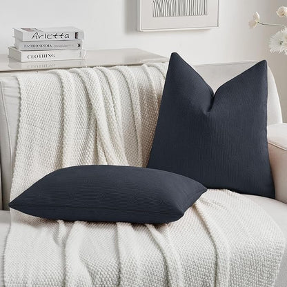 FUTEI Navy Blue Chenille Decorative Throw Pillow Covers 24x24 Inch Set of 2,Soft Cozy Striped Geometric Patterns European Cushion Cases,Modern Home Decor for Couch Bed Living Room