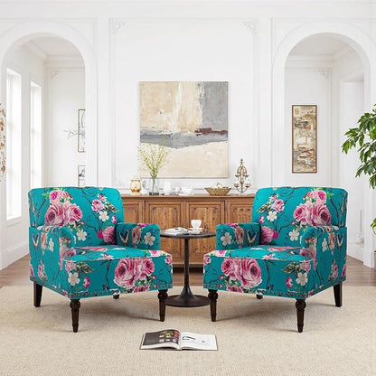 Pia Ricco Floral Accent Chair: Modern Nailhead Trim Armchair with Wood Legs - Upholstered Reading Chair for Living Room, Bedroom, Home Office