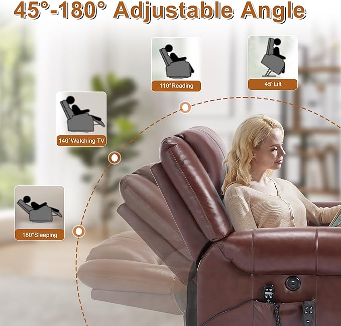 Luxlen Power Lift Recliner Chair for Elderly, Dual Motor Massage Recliner with Lumbar Heat, Heavy Duty Motion Mechanism Lift Chair with Charge Ports, Genuine Leather - Red