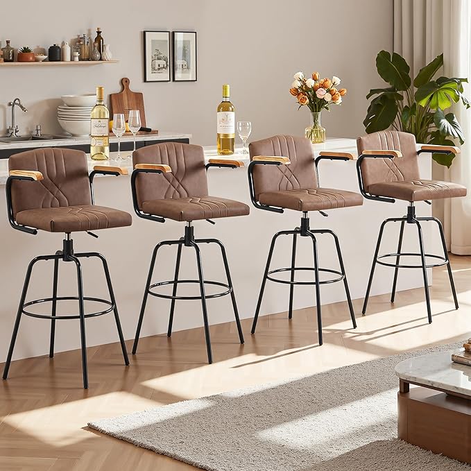 VECELO Bar Stools Set of 2, Swivel Faux Leather Bar Stools with Backs and Footrest, for Kitchen Islands, Dining Counters, Home Bars, Brown