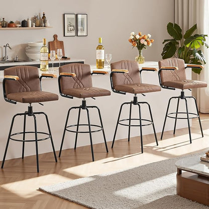 VECELO Bar Stools Set of 2, Swivel Faux Leather Bar Stools with Backs and Footrest, for Kitchen Islands, Dining Counters, Home Bars, Brown