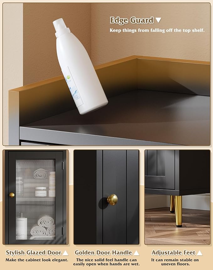 Bathroom Storage Cabinet, Slim Bathroom Storage Cabinet with 6 Shelves & 2 Doors, Linen Cabinet for Bathroom, Kitchen, Laundry Room, Black