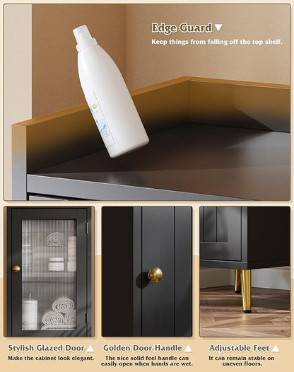 Bathroom Storage Cabinet, Slim Bathroom Storage Cabinet with 6 Shelves & 2 Doors, Linen Cabinet for Bathroom, Kitchen, Laundry Room, Black