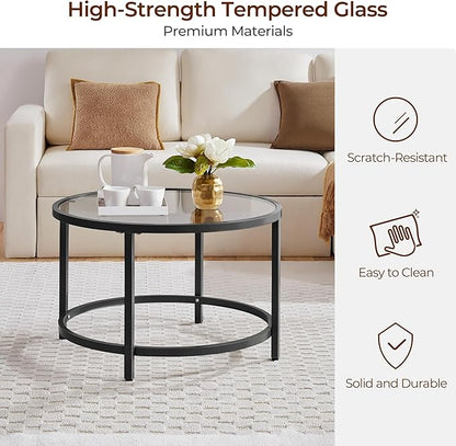 Yaheetech 27.6" Round Glass Coffee Table, Small Coffee Table for Living Room，Black Circle Coffee Tables Center Tables with Glass Top, Office & Apartment