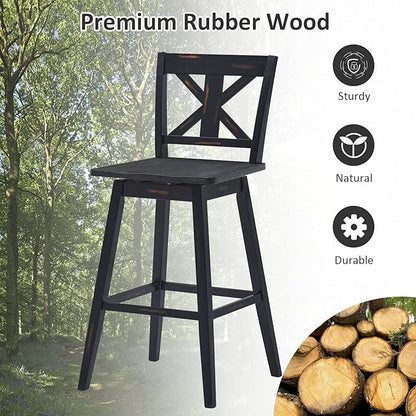 COSTWAY Bar Stools Set of 2, 360 Degree Swivel, 29-inch Height Chairs w/Non-Slip Foot Pads, Rubber Wood Bar Chairs, Vintage Bar Stools for Home, Restaurant (Black)