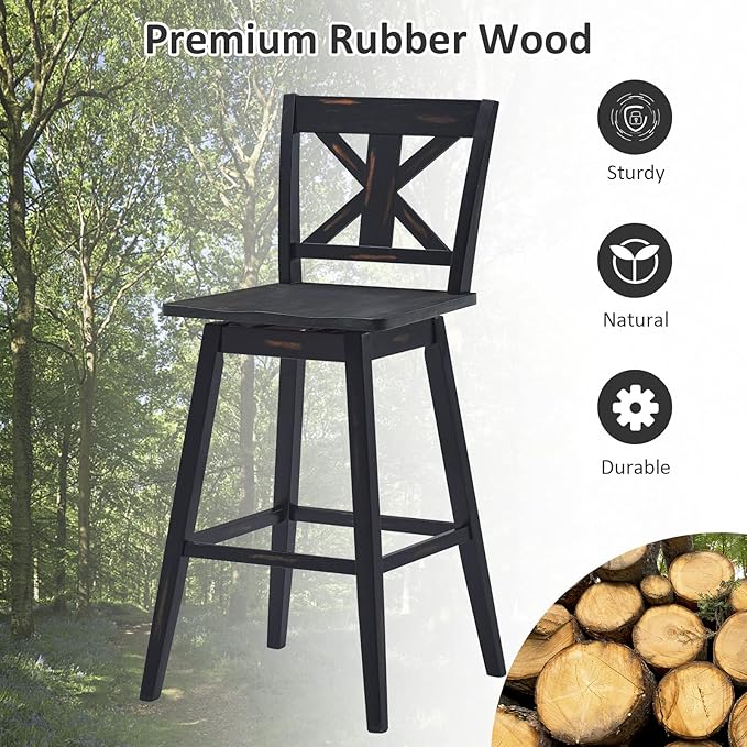 COSTWAY Bar Stools Set of 4, 360 Degree Swivel, 29-inch Height Chairs w/Non-Slip Foot Pads, Rubber Wood Bar Chairs, Vintage Bar Stools for Home, Restaurant (Black)