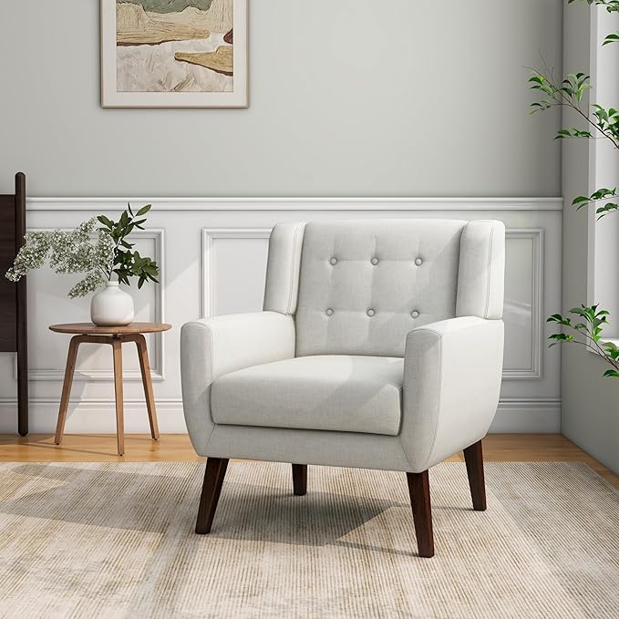 Accent Chair, Mid-Century Modern Fabric Chairs with Arms for Living Room, Comfy Upholstered Club Single Sofa Armchair for Bedroom Waiting Room with Solid Wood Frame (Fabric Beige, Set of 2)