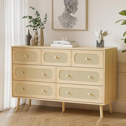 SINROM® Rattan Dresser for Bedroom, Farmhouse Dresser 7 Drawer for Bedroom, Wide Chest of Organizer Storage Drawers for Living Room, Hallway, Entryway