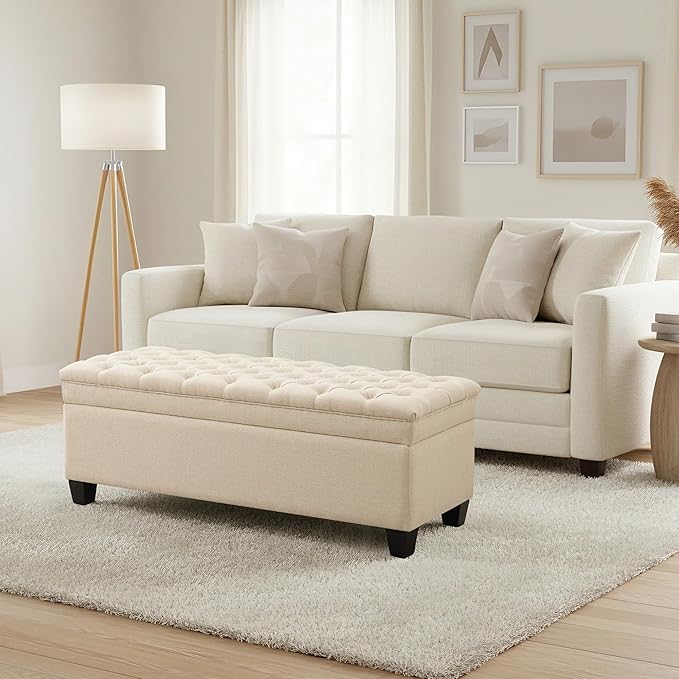 50" Storage Ottoman Bench, Rectangular End of Bed Storage Bench, Upholstered Large Fabric Tufted Ottoman with Storage for Living Room, Bedroom, Entryway,Khaki