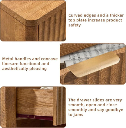 LEYAOYAO 31" Wide Fluted Nightstand with Charging Station, Oversized Extra Large 1 Drawer Night Stand with Golden Handle, Brown Wood Bedside Table Tall End Tables,for Bedroom, Living Room, Hallway