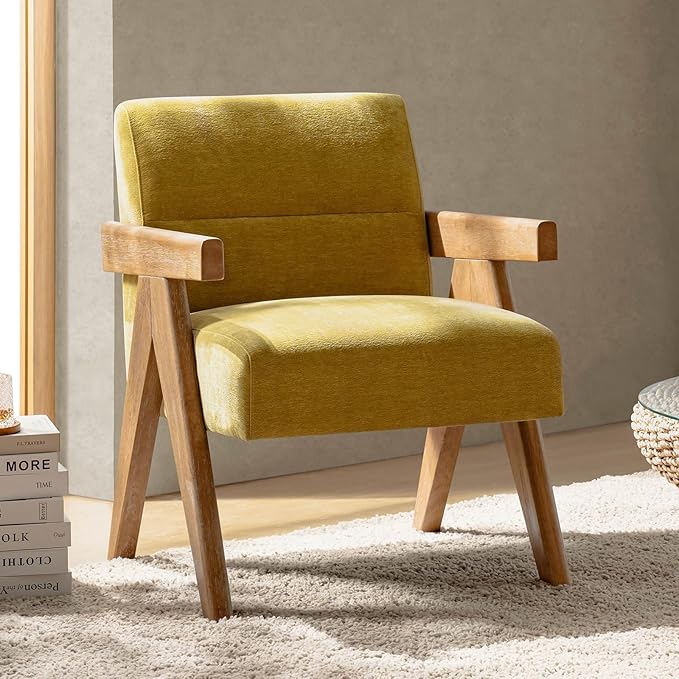 HULALA HOME Modern Accent Chair, Upholstered Arm Chair with Solid Wood Frame, Comfortable Padded Seat and Back, for Living Room, Bedroom, Mustard