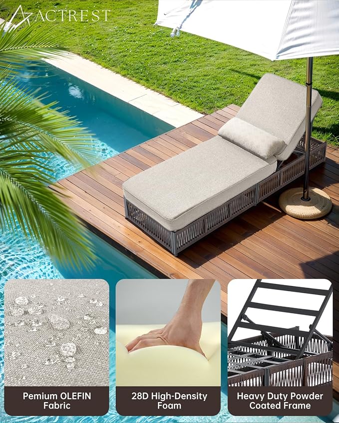 Luxury Outdoor Chaise Lounge Chairs of 4 with 5 Inch Thick Cushions and Side Table - 6 PCS High Back Brown Wicker Rattan Patio Recliners Lounger Furniture Set for Poolside Sunbathing - Beige