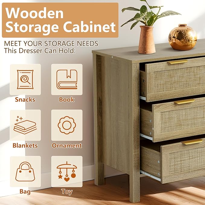 3 Drawer Dressers for Bedroom, Rattan Dresser with Drawers, Modern Wood Dresser with Metal Handles, Chest of Drawers for Bedroom, Living Room, Entryway (3 Drawer)
