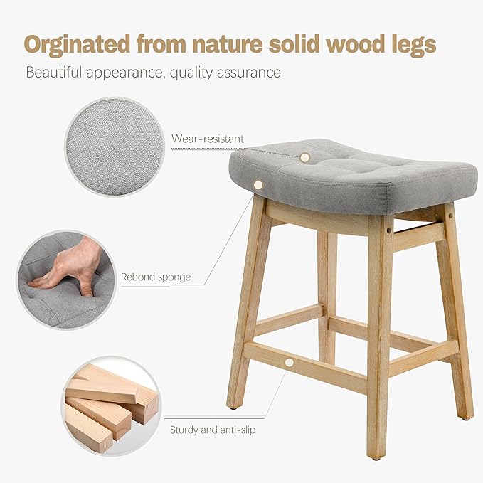 Counter Height Bar Stools Set of 3 for Kitchen Counter Farmhouse Modern Barstools with Upholstered Fabric Backless Seat and Solid Wood Legs 24 inch Bar Chairs, Grey + Wood Color