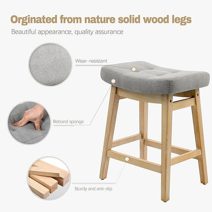 Counter Height Bar Stool for Kitchen Counter Modern Backless Barstool with Upholstered Fabric Seat and Solid Wood Leg Farmhouse 24 inch Bar Chair, Grey + Wood Color, 1pc