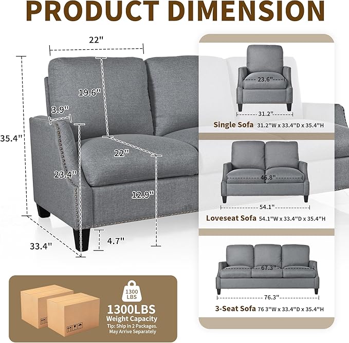 3 Piece 6-Seater Living Room Sofa Set, Modern Upholstered 3-Seater Sofa, Loveseat & Armchair, Handmade Nailhead Trim, Ergonomic Deep-Seat Couch for Living Room, Bedroom, Apartment, Gray